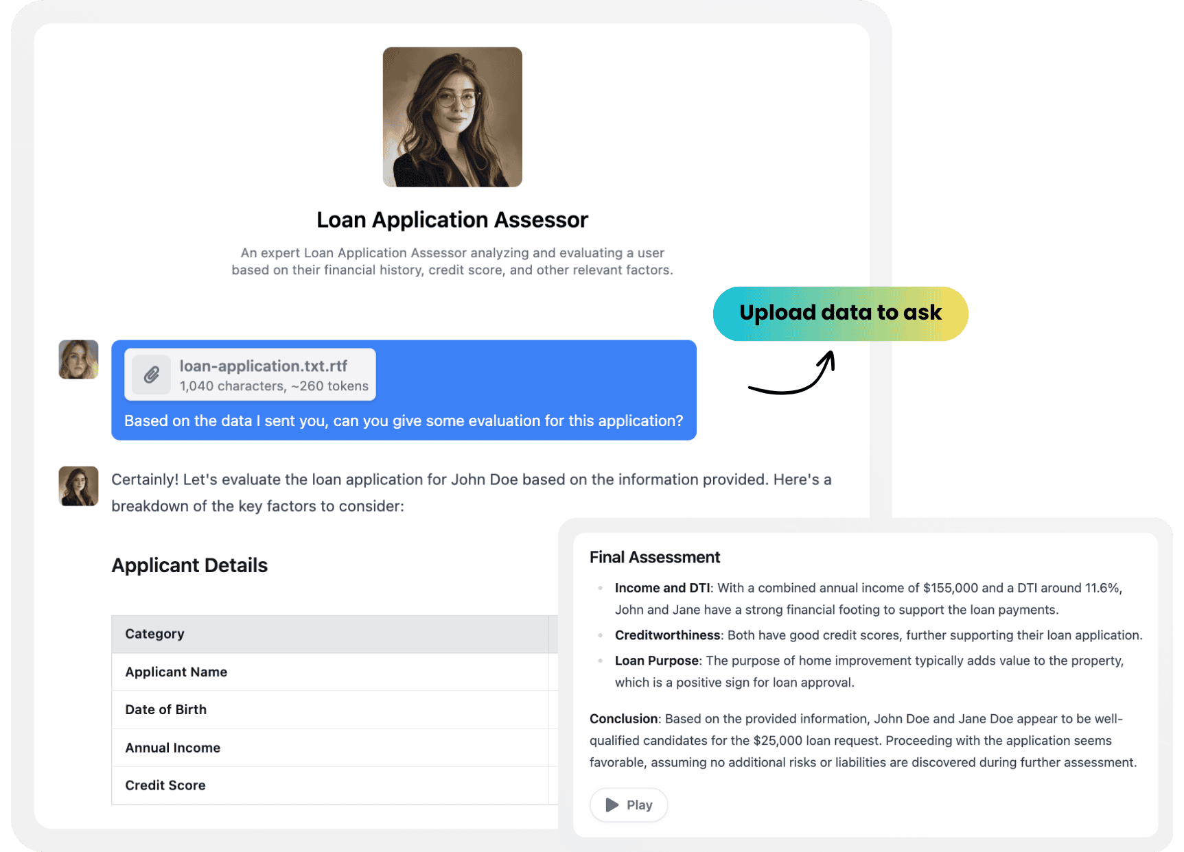 The asset loan application AI agent assists in creating a structured and effective loan application.