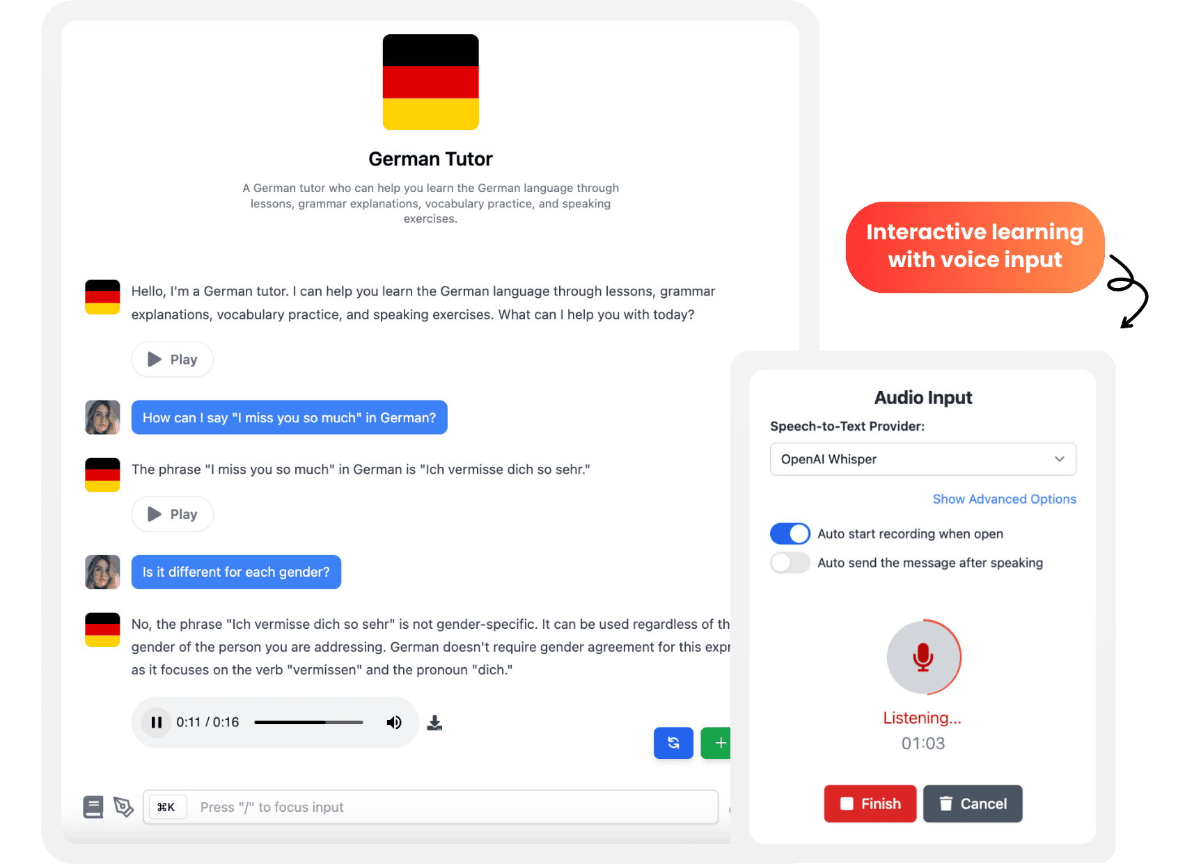 The language tutor AI agent enhances learning with interactive lessons and practice sessions.